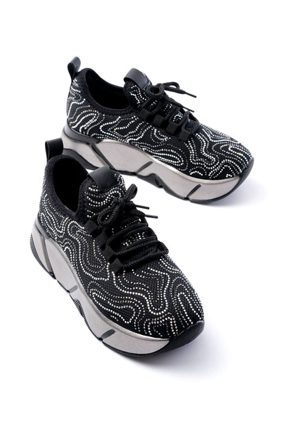 Ayakkabı Aşkı Siyah Bağcıklı Fileli Taşlı Platin Taban Günlük Kadın Spor