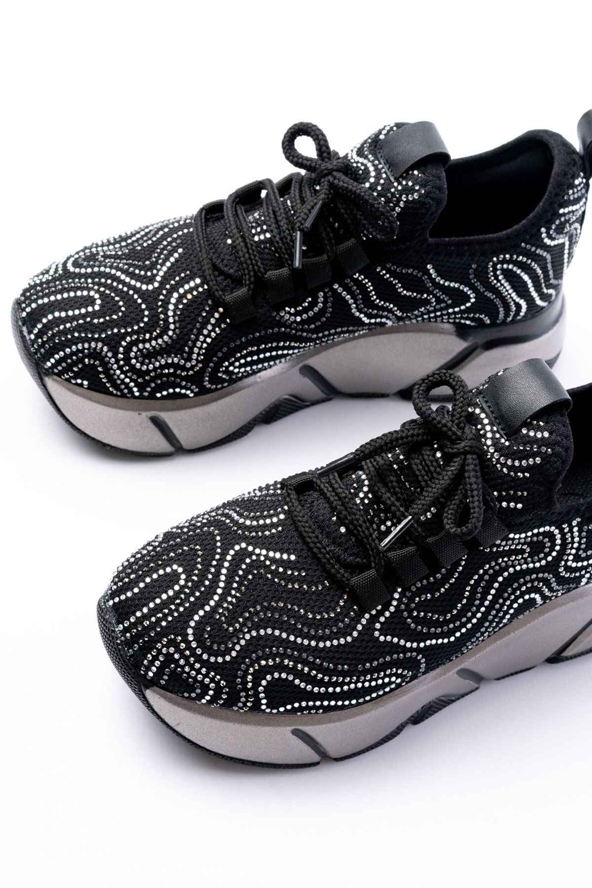 Ayakkabı Aşkı Rs-402 Siyah Bağcıklı Fileli Taşlı Platin Taban Günlük Kadın Spor