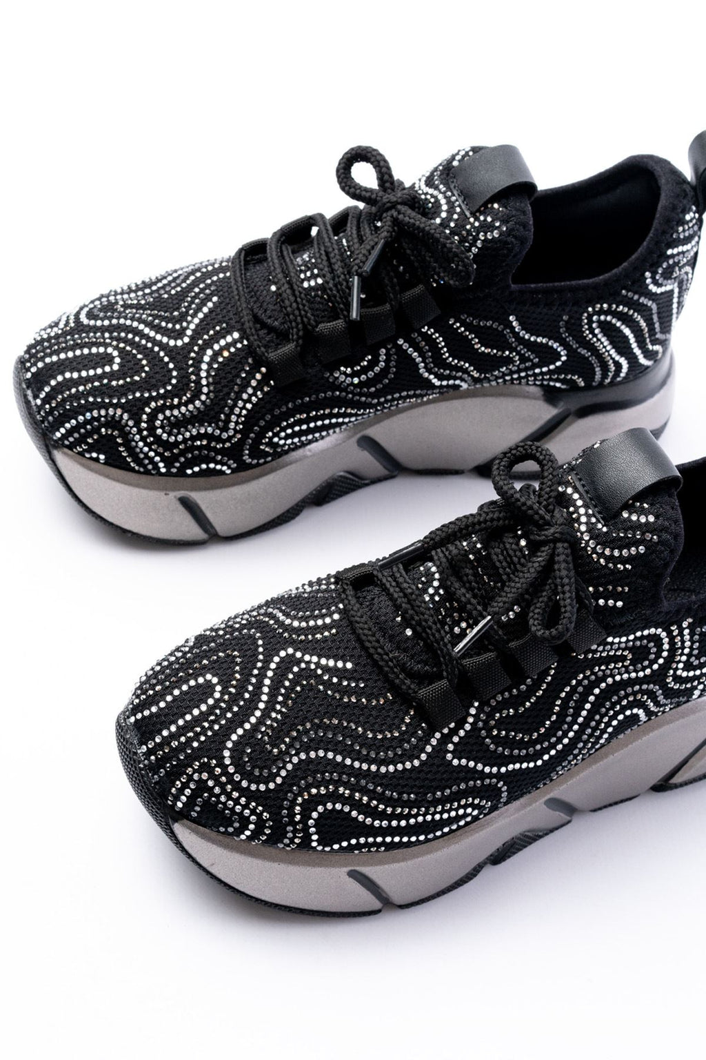 Ayakkabı Aşkı Siyah Bağcıklı Fileli Taşlı Platin Taban Günlük Kadın Spor