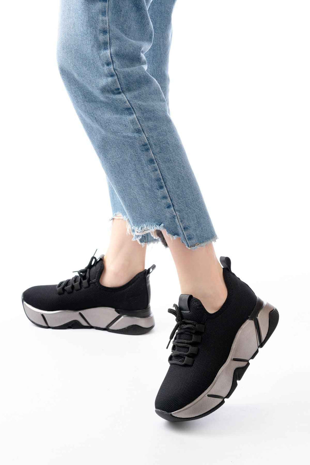 Ayakkabı Aşkı Rs-400  Siyah Bağcıklı Fileli Platin Taban Günlük Kadın Spor