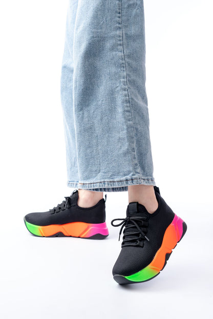 RS-400  Siyah Bağcıklı Fileli Renkli Taban Günlük Kadın Spor - Multi