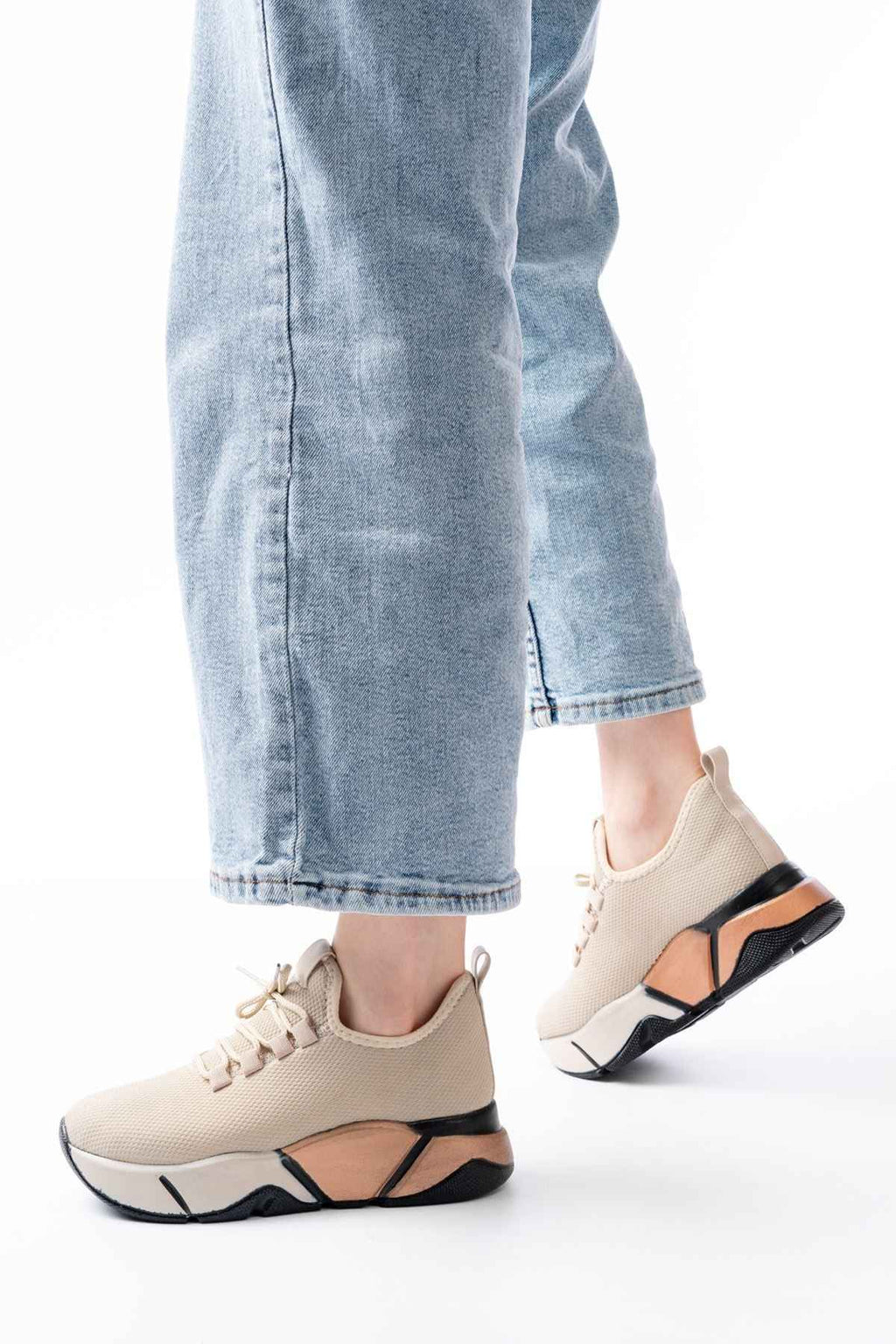 Ayakkabı Aşkı Rs-400  Bej Bağcıklı Fileli Renkli Taban Günlük Kadın Spor