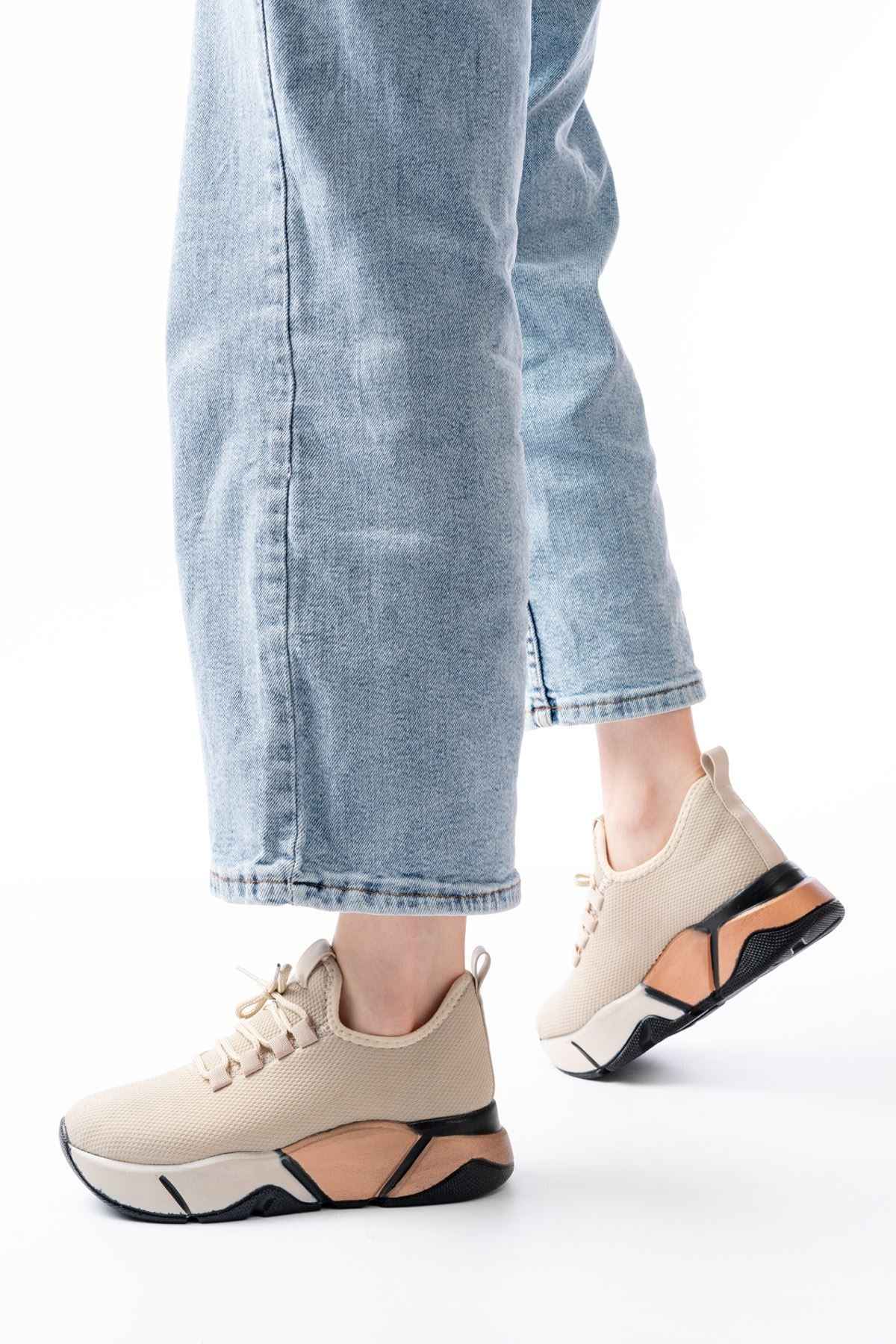 Ayakkabı Aşkı Rs-400  Bej Bağcıklı Fileli Renkli Taban Günlük Kadın Spor