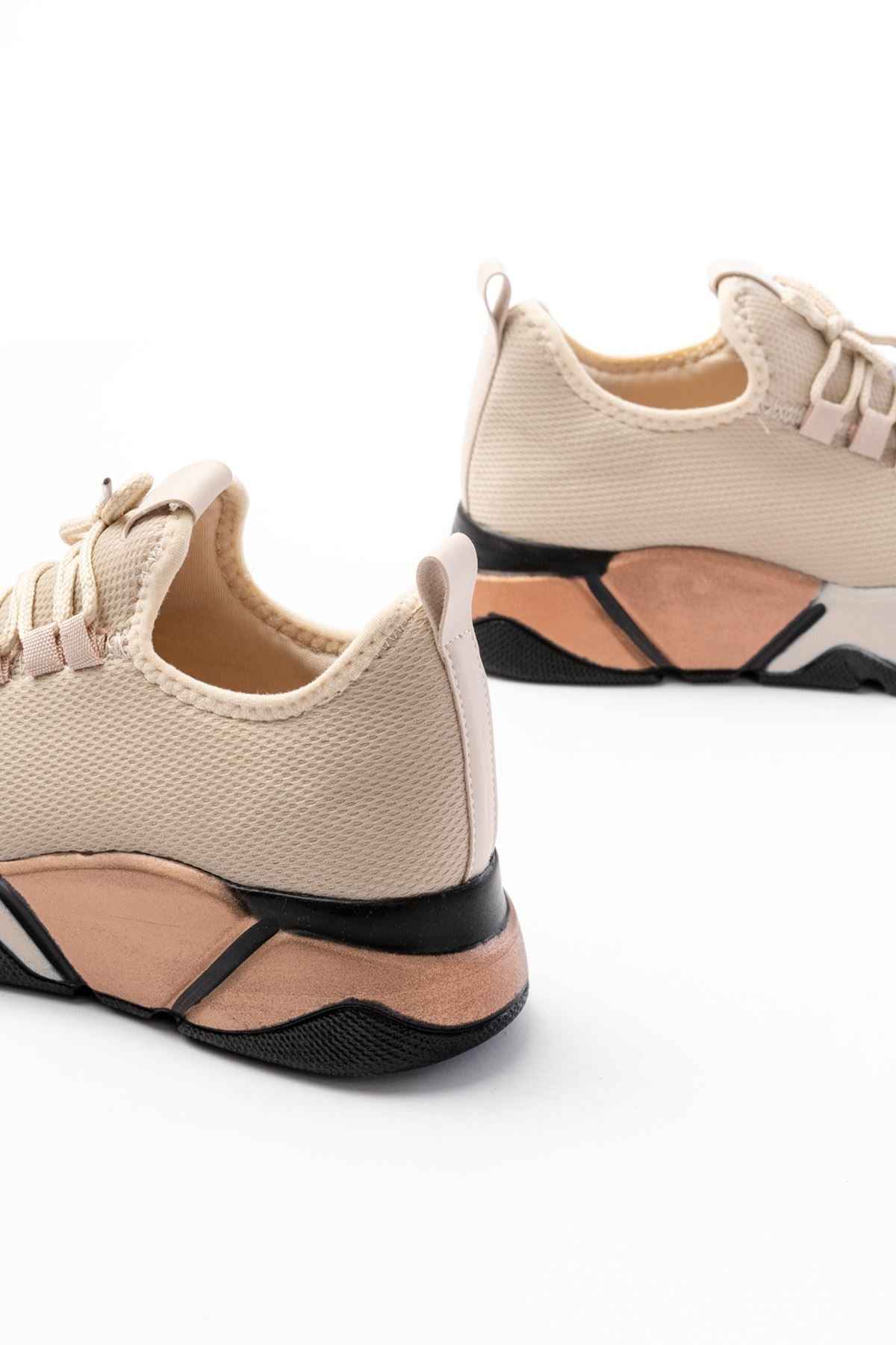 Ayakkabı Aşkı Rs-400  Bej Bağcıklı Fileli Renkli Taban Günlük Kadın Spor