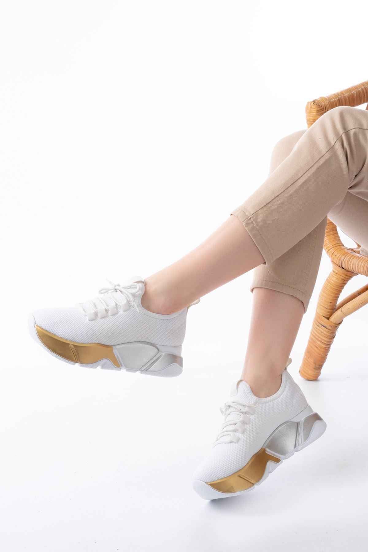 Ayakkabı Aşkı Rs-400  Beyaz Bağcıklı Fileli Renkli Taban Günlük Kadın Spor