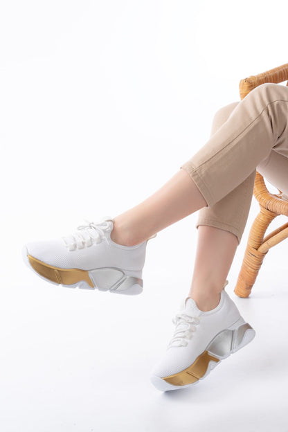 RS-400  Beyaz Bağcıklı Fileli Renkli Taban Günlük Kadın Spor - Beyaz