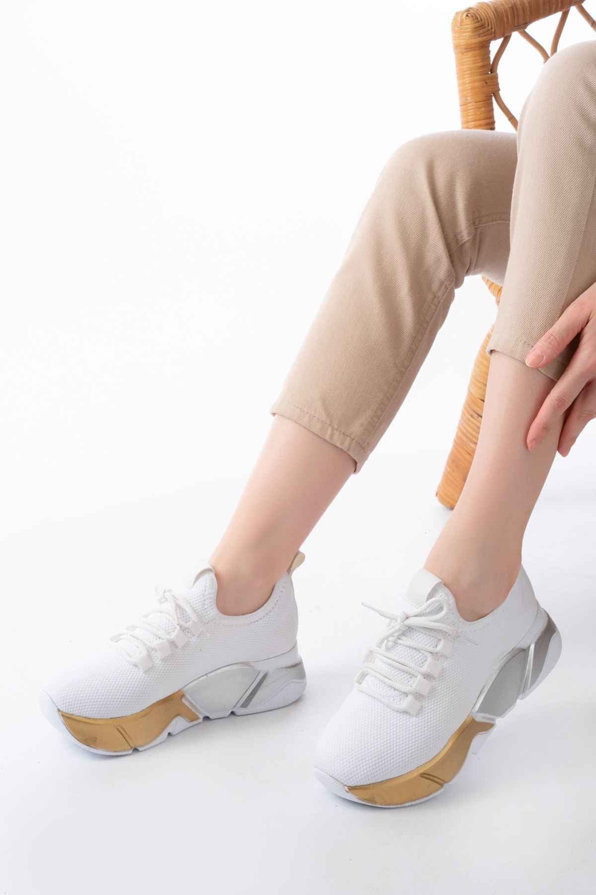 Ayakkabı Aşkı Rs-400  Beyaz Bağcıklı Fileli Renkli Taban Günlük Kadın Spor