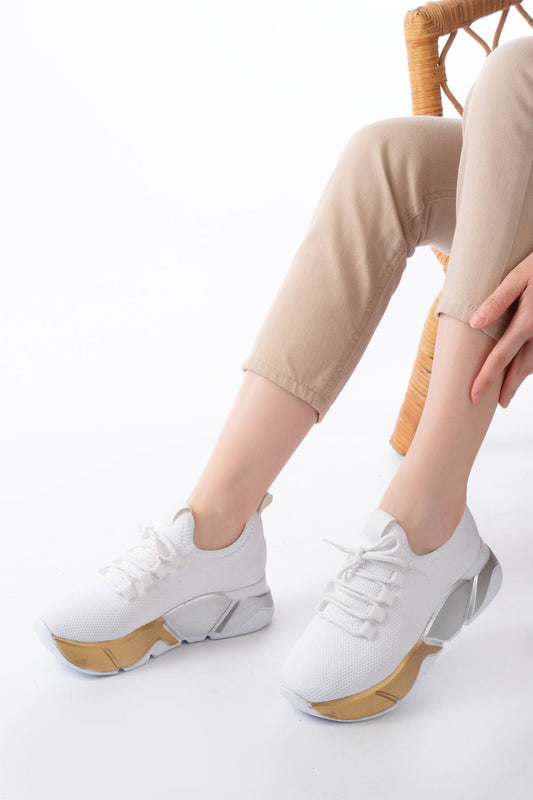 Ayakkabı Aşkı Beyaz Bağcıklı Fileli Renkli Taban Günlük Kadın Spor