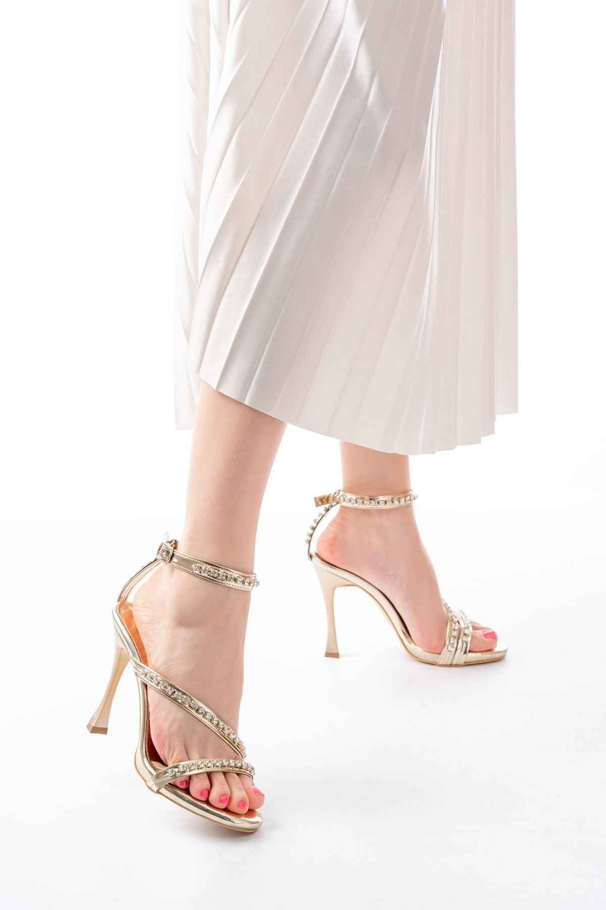 Ayakkabı Aşkı A-20 Gold Taşlı Vivet Platformlu Topuklu Kadın Ayakkabı