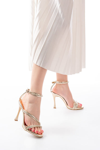 Ayakkabı Aşkı Gold Taşlı Vivet Platformlu Topuklu Kadın Ayakkabı