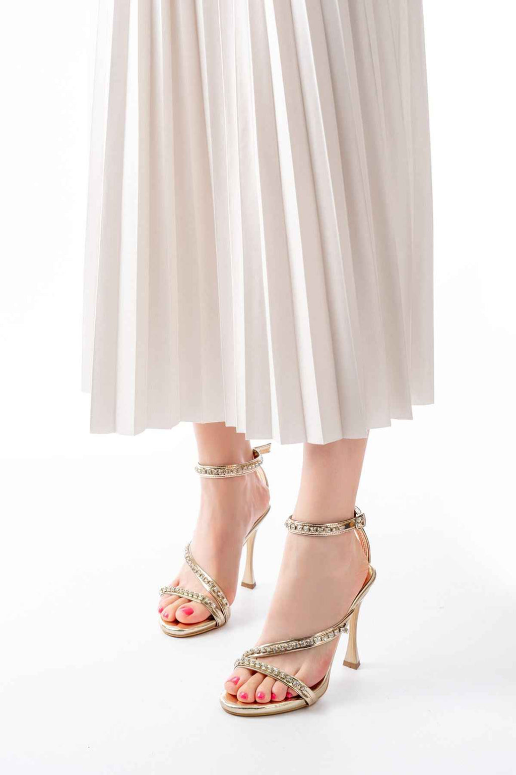 Ayakkabı Aşkı A-20 Gold Taşlı Vivet Platformlu Topuklu Kadın Ayakkabı