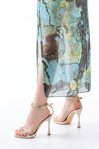 Ayakkabı Aşkı Gold Taş Aksesuarlı Platformlu Topuklu Kadın Terlik