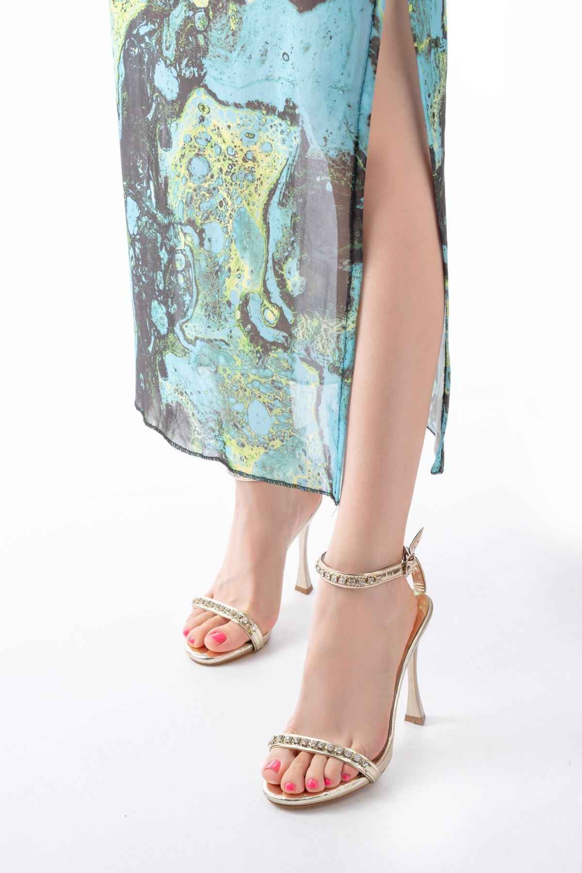 Ayakkabı Aşkı  A-30 Gold Taş Aksesuarlı Platformlu Topuklu Kadın Terlik