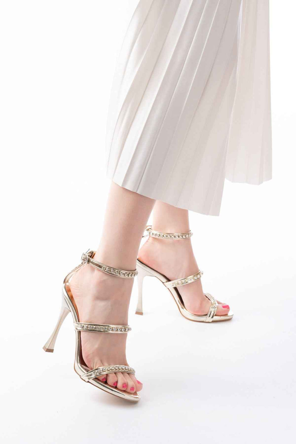 Ayakkabı Aşkı A-40 Gold Taşlı Platformlu Topuklu Kadın Ayakkabı