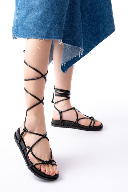 Ayakkabı Aşkı Siyah Bilekten Bağcıklı Kadın Sandalet
