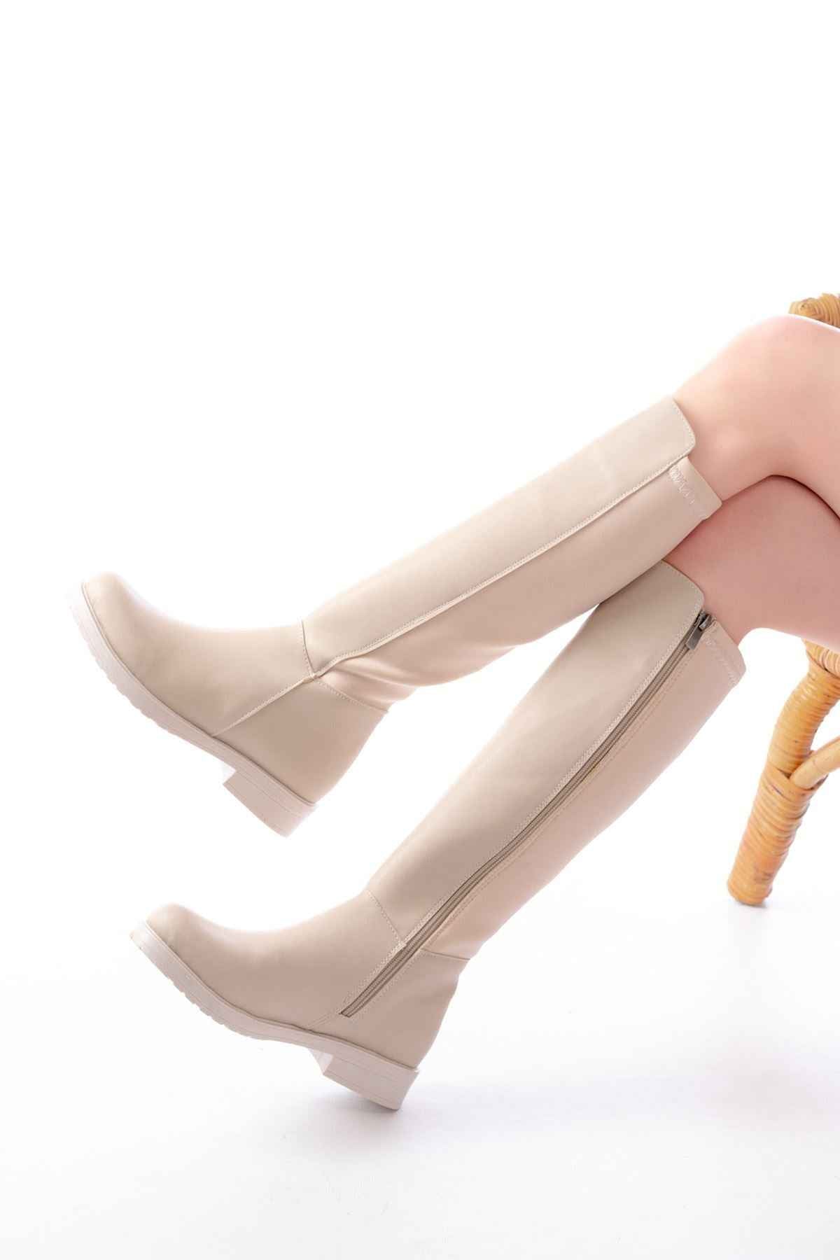 Ayakkabı Aşkı 165-305 Bej Arka Streç Fermuarlı Günlük Kadın Çizme