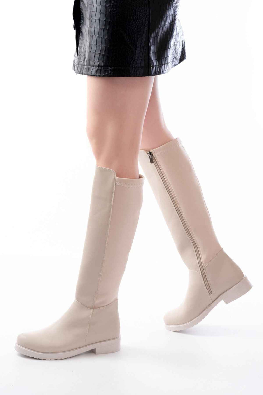 Ayakkabı Aşkı 165-305 Bej Arka Streç Fermuarlı Günlük Kadın Çizme