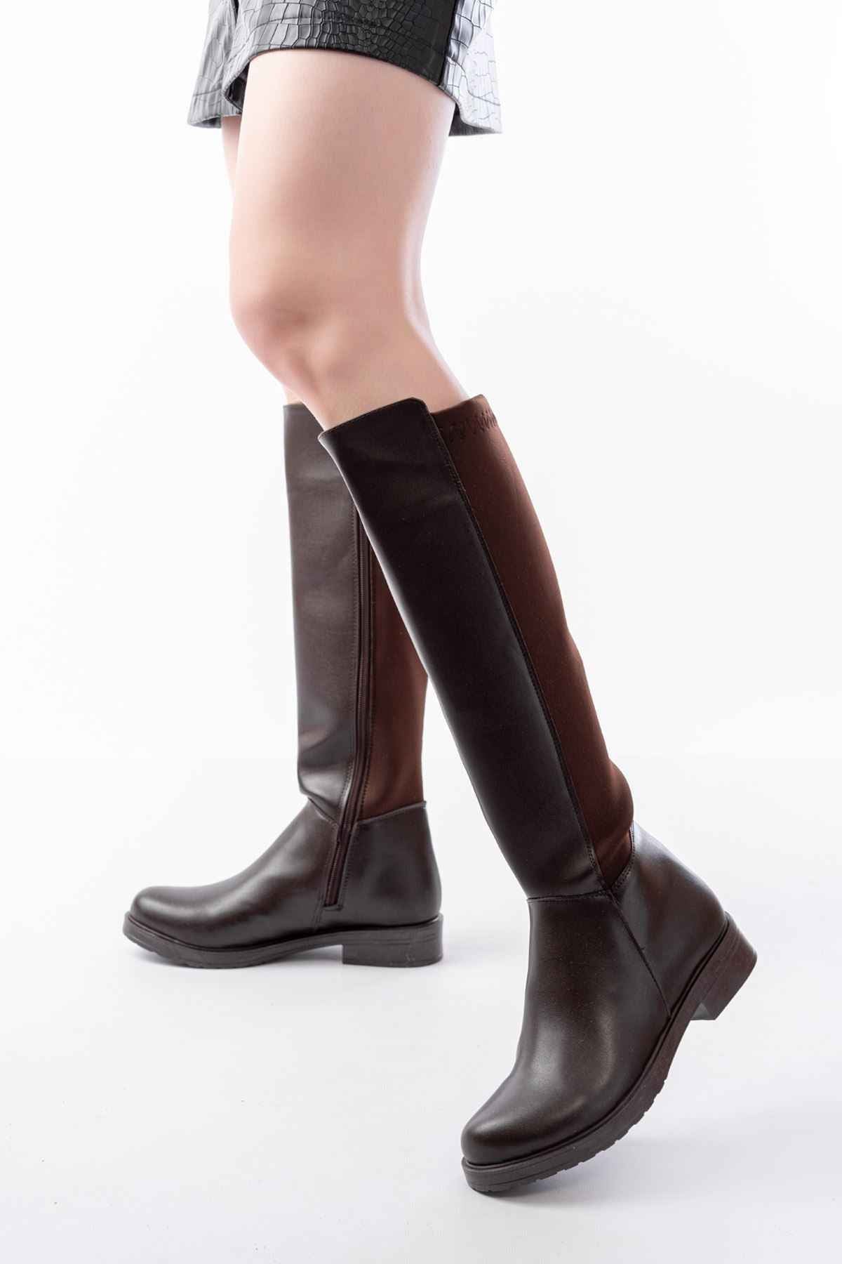 Ayakkabı Aşkı 165-305 Kahve Arka Streç Fermuarlı Günlük Kadın Çizme