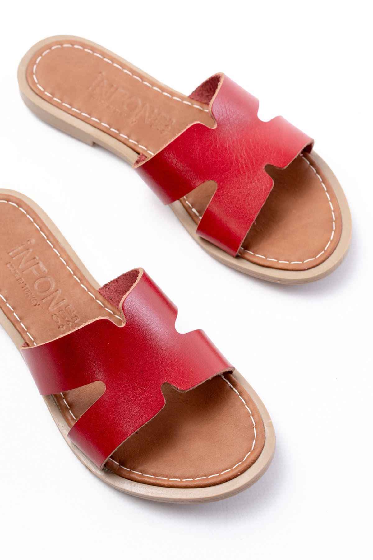 Ayakkabı Aşkı 169-6100 Kırmızı Ortopedik Hakiki Deri Kadın Terlik