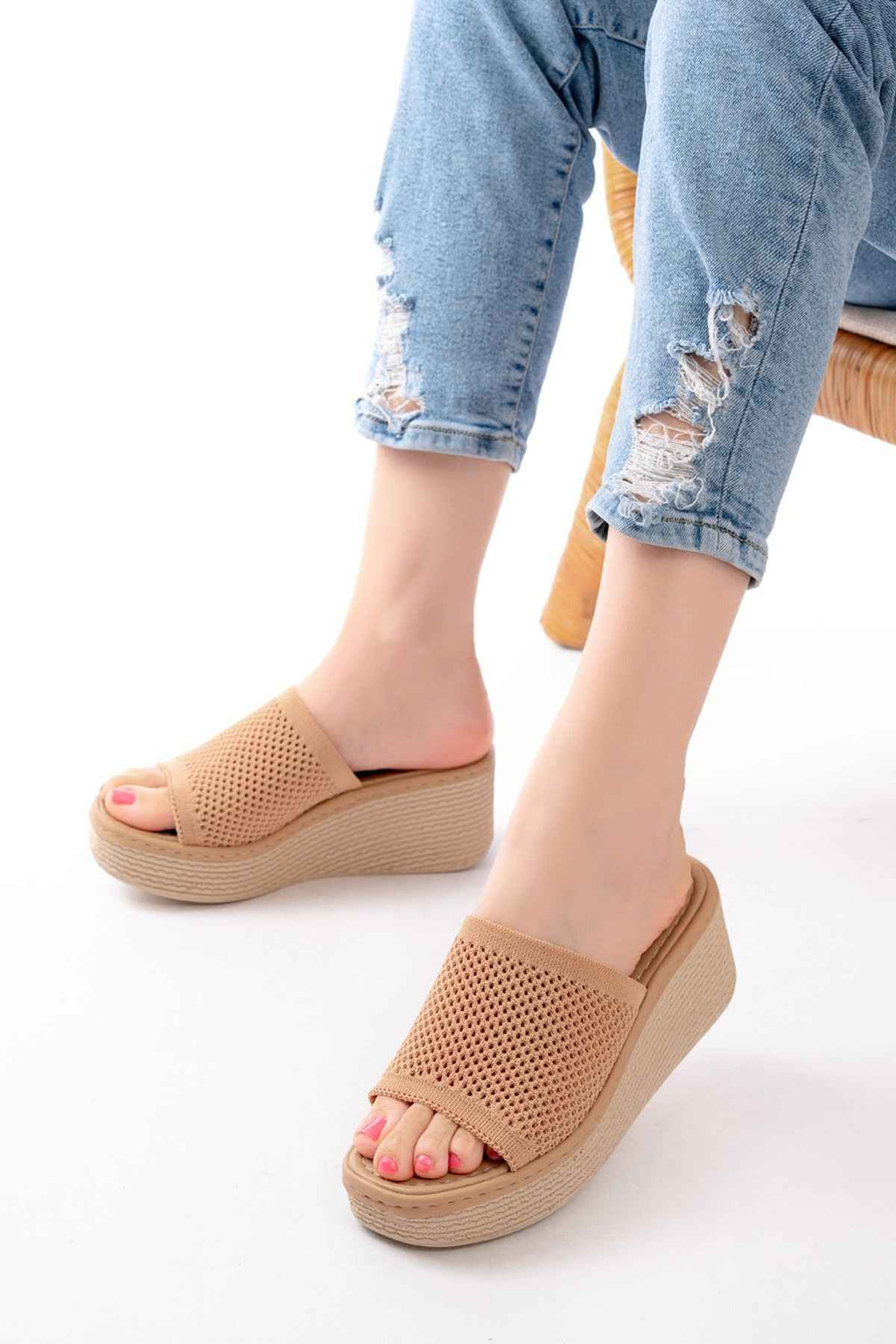 Ayakkabı Aşkı 232-460 Nut Triko Günlük Ortopedik Dolgu Topuk Kadın Terlik