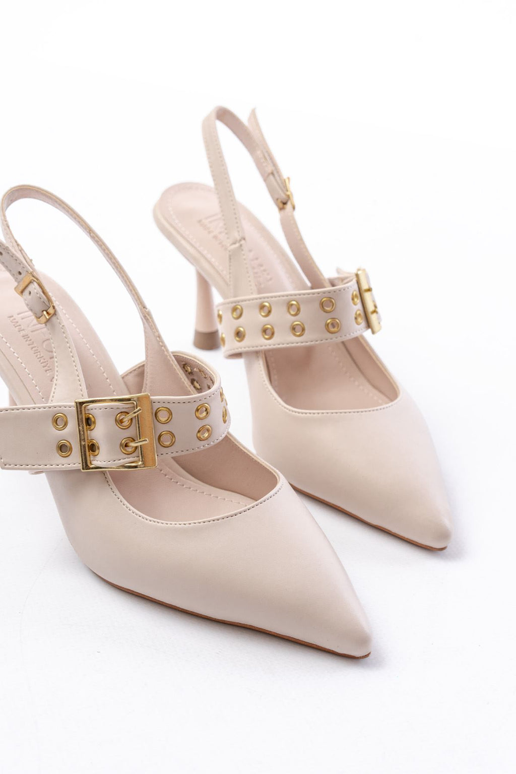 Ayakkabı Aşkı İNF-26 Bej Günlük Arkası Açık Baret Tokalı Topuklu Bayan Ayakkabı - Ayakkabı Aşkı