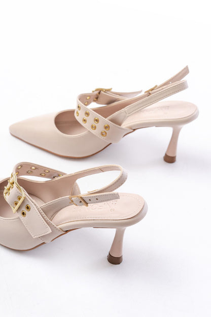 Ayakkabı Aşkı İNF-26 Bej Günlük Arkası Açık Baret Tokalı Topuklu Bayan Ayakkabı