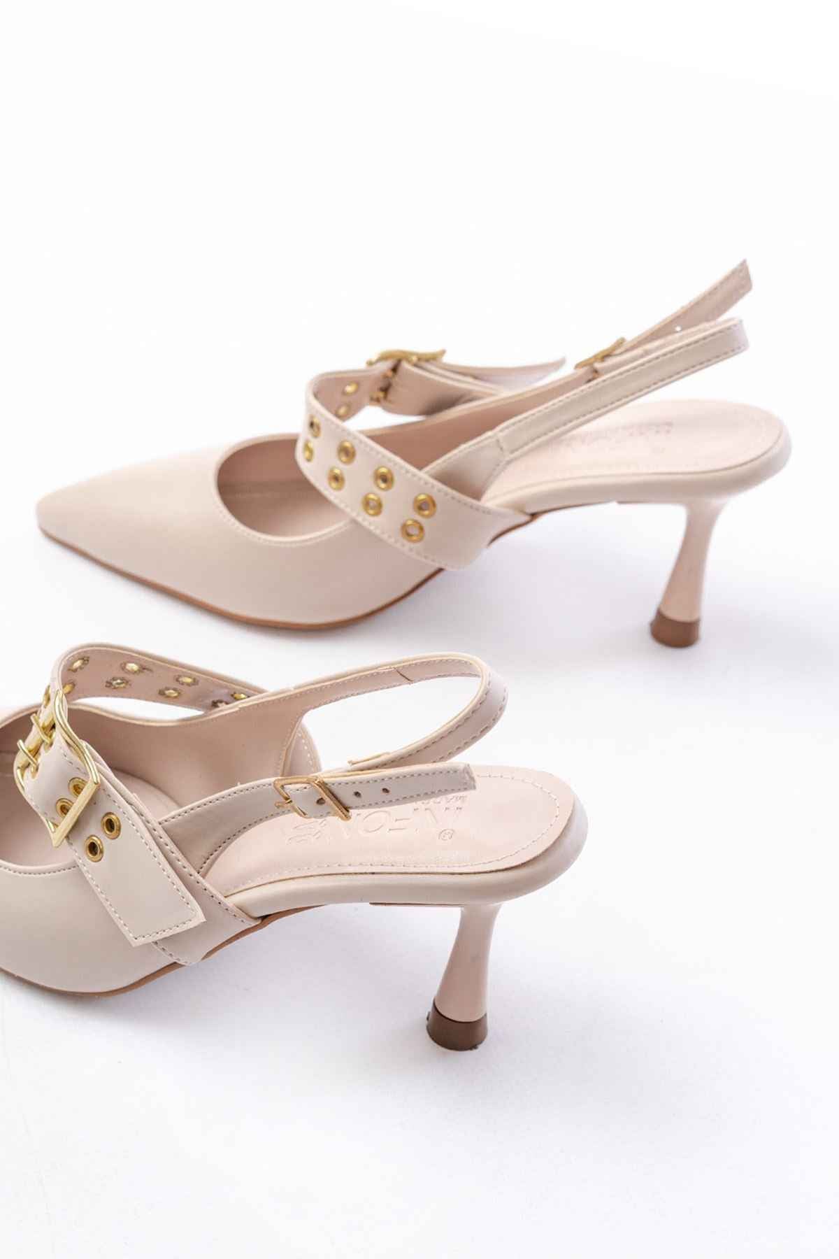 Ayakkabı Aşkı Inf-260 Bej Günlük Arkası Açık Baret Tokalı Topuklu Bayan Ayakkabı