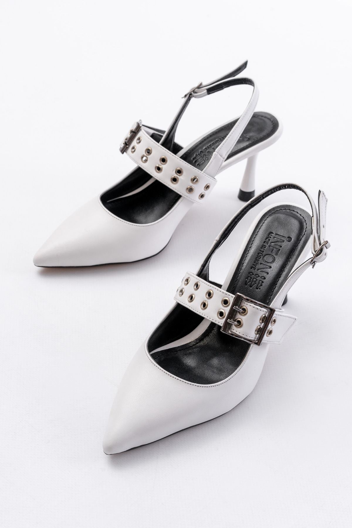 Ayakkabı Aşkı İNF-26 Beyaz Günlük Arkası Açık Baret Tokalı Topuklu Bayan Ayakkabı - Ayakkabı Aşkı