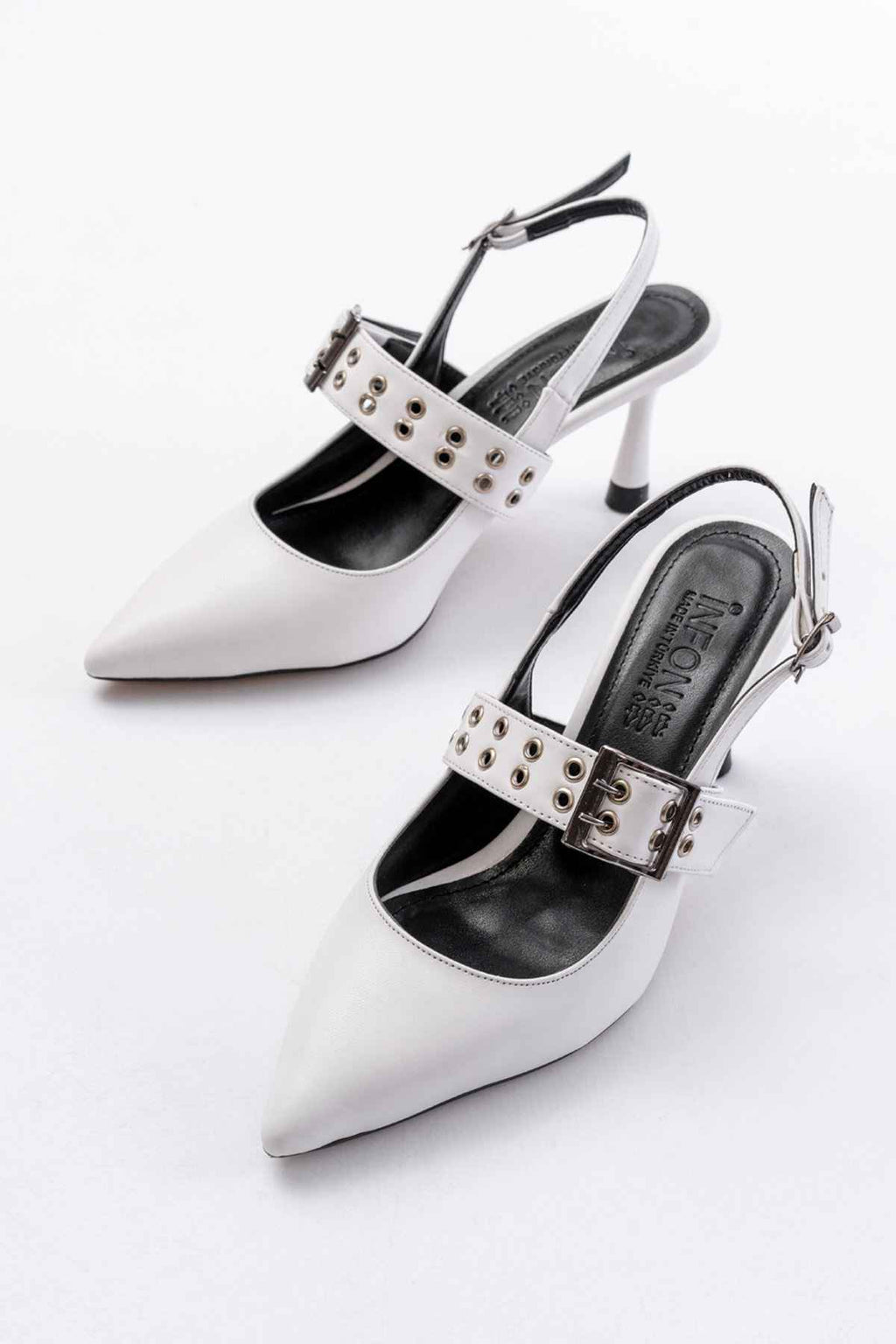 Ayakkabı Aşkı Inf-260 Beyaz Günlük Arkası Açık Baret Tokalı Topuklu Bayan Ayakkabı