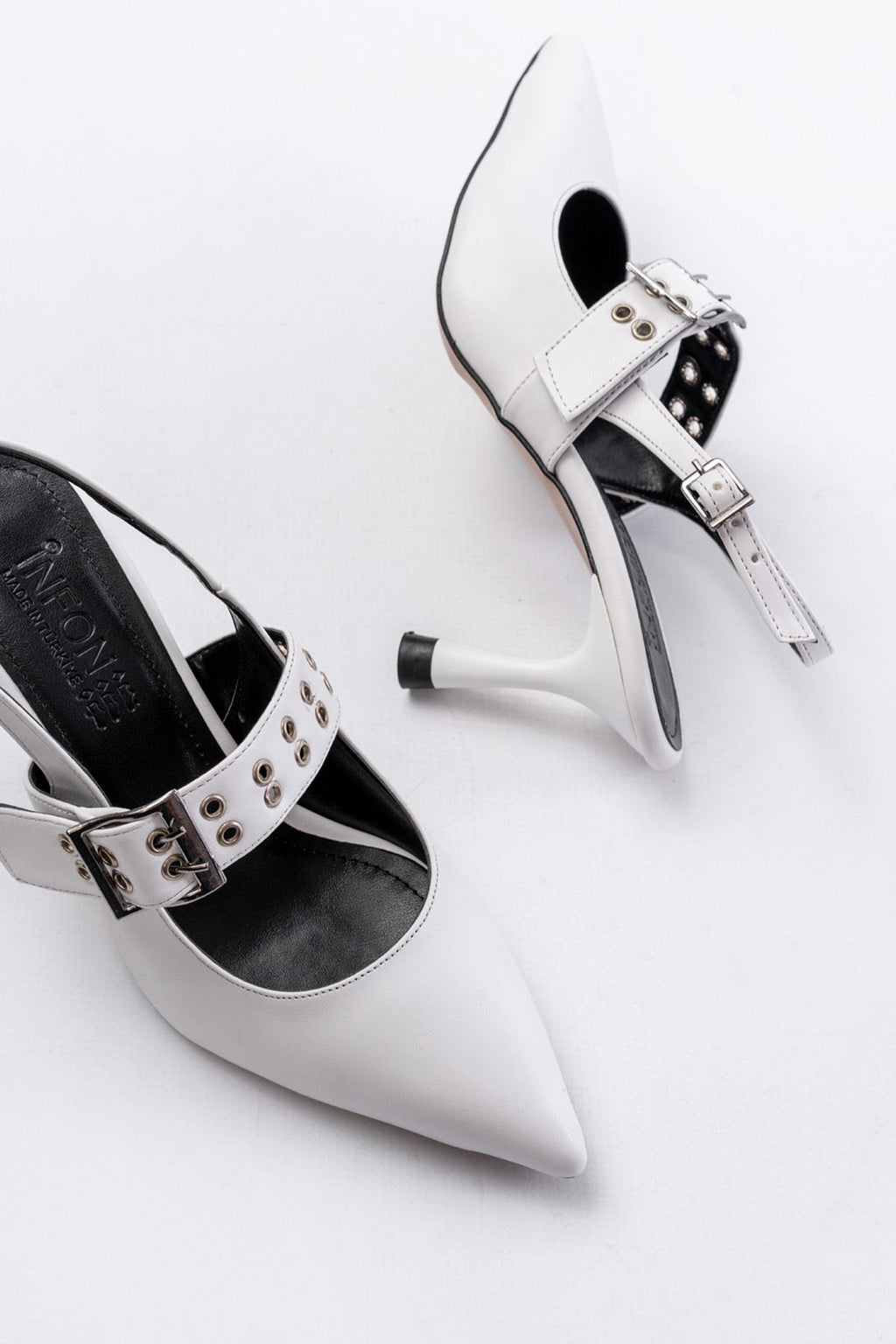 Ayakkabı Aşkı İNF-26 Beyaz Günlük Arkası Açık Baret Tokalı Topuklu Bayan Ayakkabı - Ayakkabı Aşkı