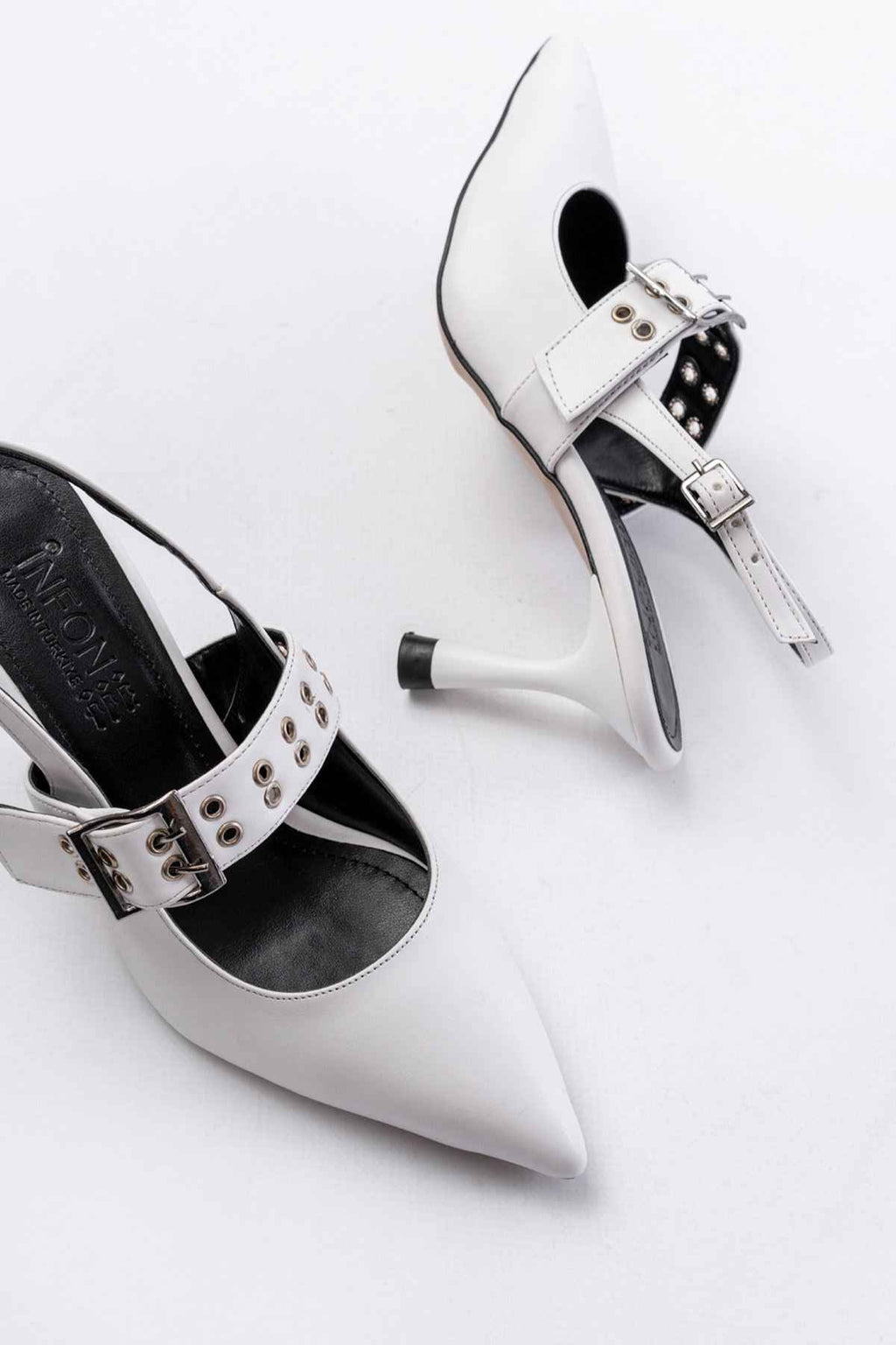 Ayakkabı Aşkı Inf-260 Beyaz Günlük Arkası Açık Baret Tokalı Topuklu Bayan Ayakkabı