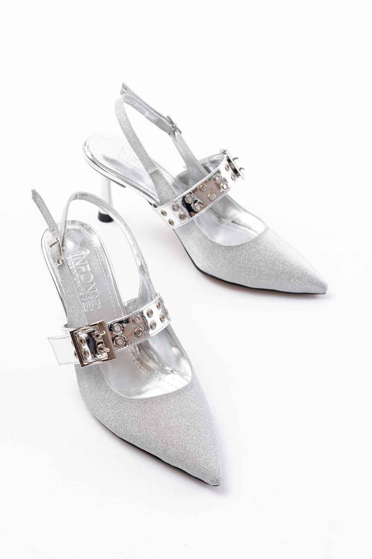 Ayakkabı Aşkı Inf-260 Gümüş Simli Günlük Arkası Açık Baret Tokalı Topuklu Bayan Ayakkabı