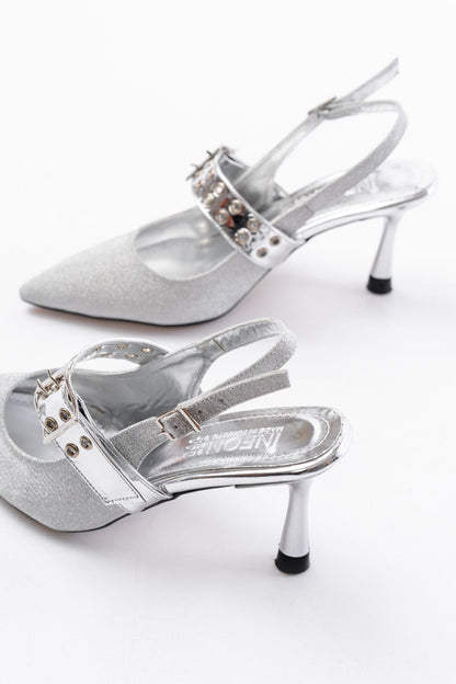 Ayakkabı Aşkı İNF-26 Gümüş Simli Günlük Arkası Açık Baret Tokalı Topuklu Bayan Ayakkabı