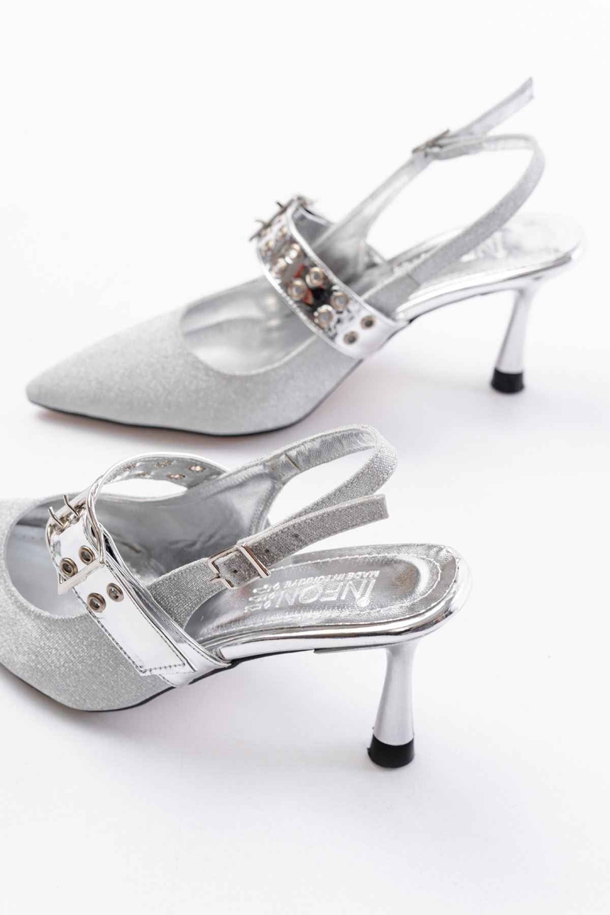 Ayakkabı Aşkı Inf-260 Gümüş Simli Günlük Arkası Açık Baret Tokalı Topuklu Bayan Ayakkabı