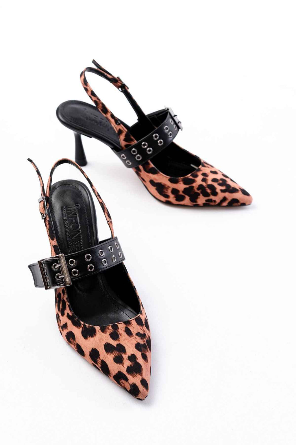 Ayakkabı Aşkı Inf-260 Siyah Leopar Günlük Arkası Açık Baret Tokalı Topuklu Bayan Ayakkabı