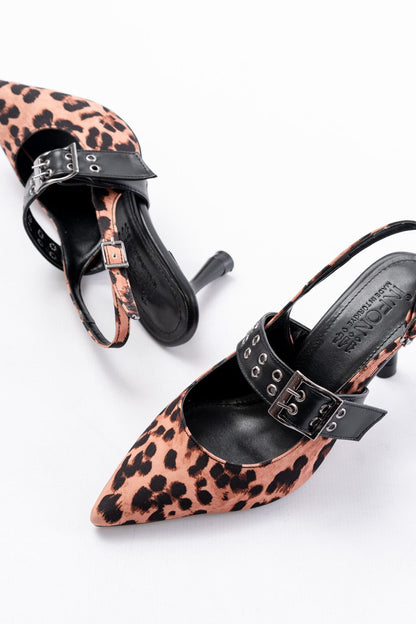 Ayakkabı Aşkı İNF-26 Siyah Leopar Günlük Arkası Açık Baret Tokalı Topuklu Bayan Ayakkabı