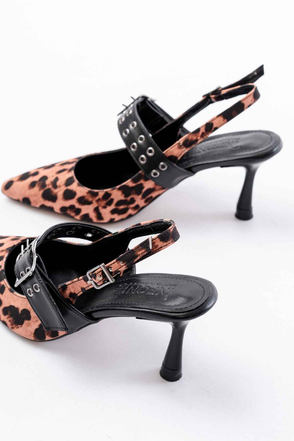 Ayakkabı Aşkı Inf-260 Siyah Leopar Günlük Arkası Açık Baret Tokalı Topuklu Bayan Ayakkabı