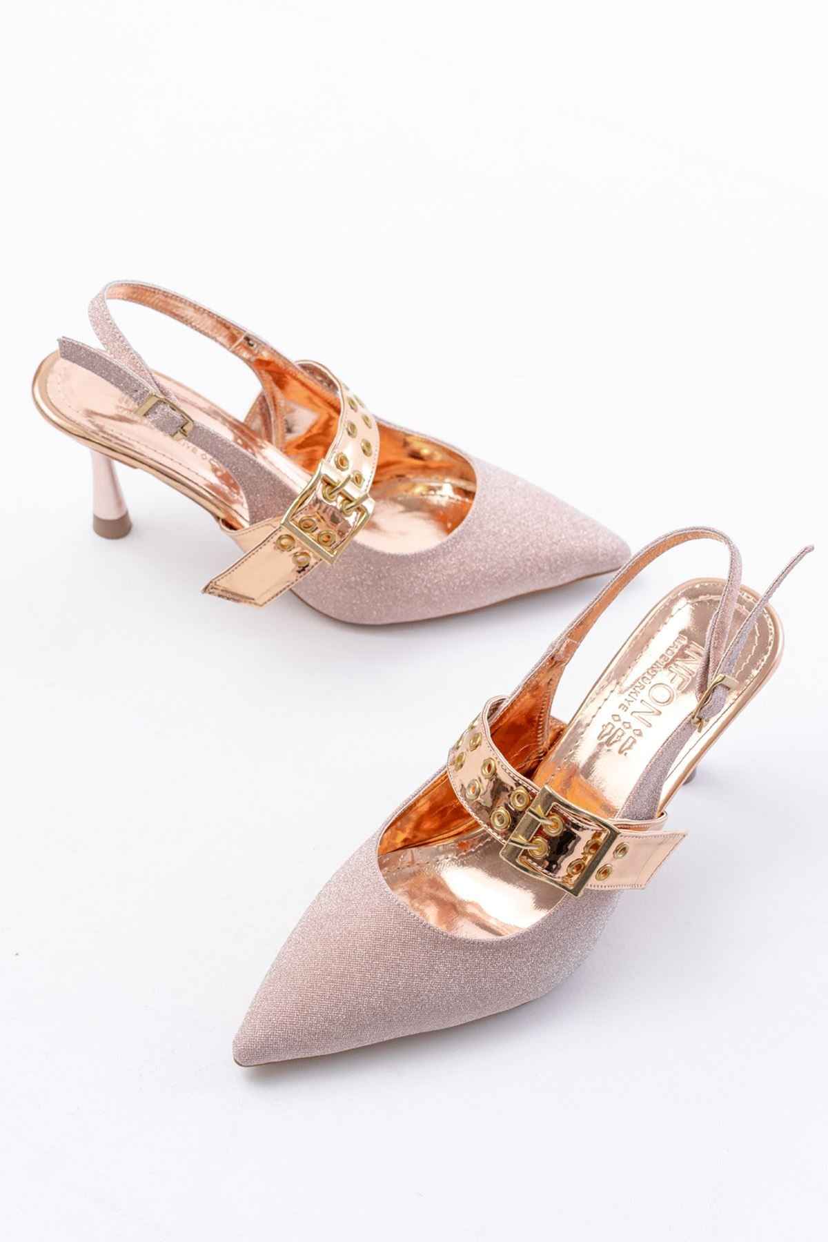 Ayakkabı Aşkı Inf-260 Rose Simli Günlük Arkası Açık Baret Tokalı Topuklu Bayan Ayakkabı