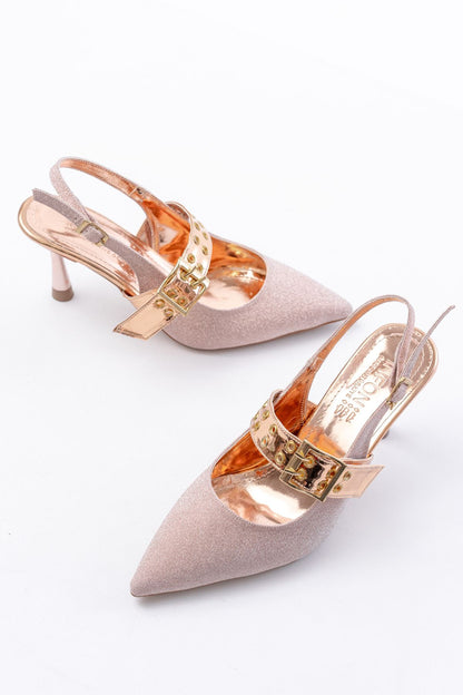 Ayakkabı Aşkı İNF-26 Rose Simli Günlük Arkası Açık Baret Tokalı Topuklu Bayan Ayakkabı