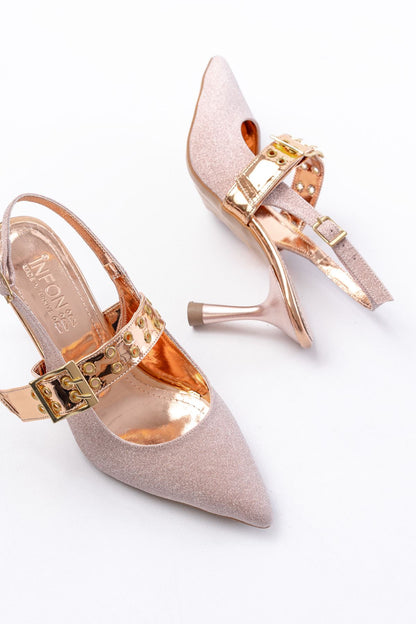 Ayakkabı Aşkı İNF-26 Rose Simli Günlük Arkası Açık Baret Tokalı Topuklu Bayan Ayakkabı