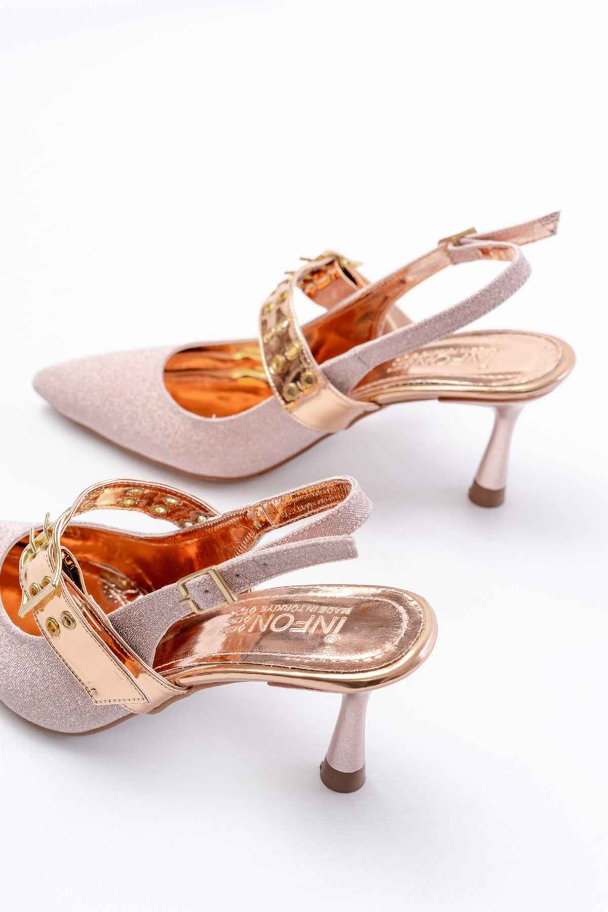 Ayakkabı Aşkı Inf-260 Rose Simli Günlük Arkası Açık Baret Tokalı Topuklu Bayan Ayakkabı