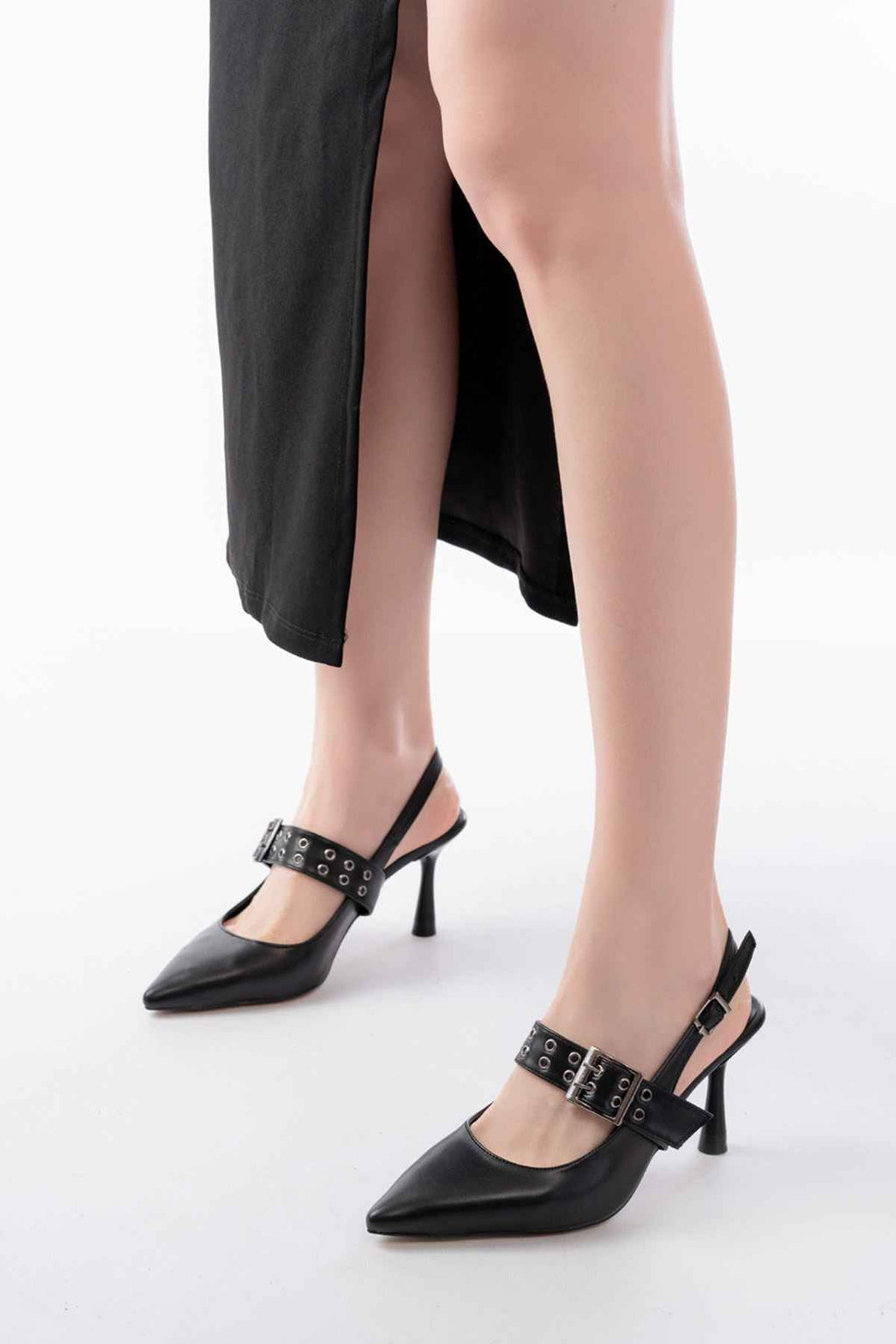 Ayakkabı Aşkı Inf-260 Siyah Günlük Arkası Açık Baret Tokalı Topuklu Bayan Ayakkabı