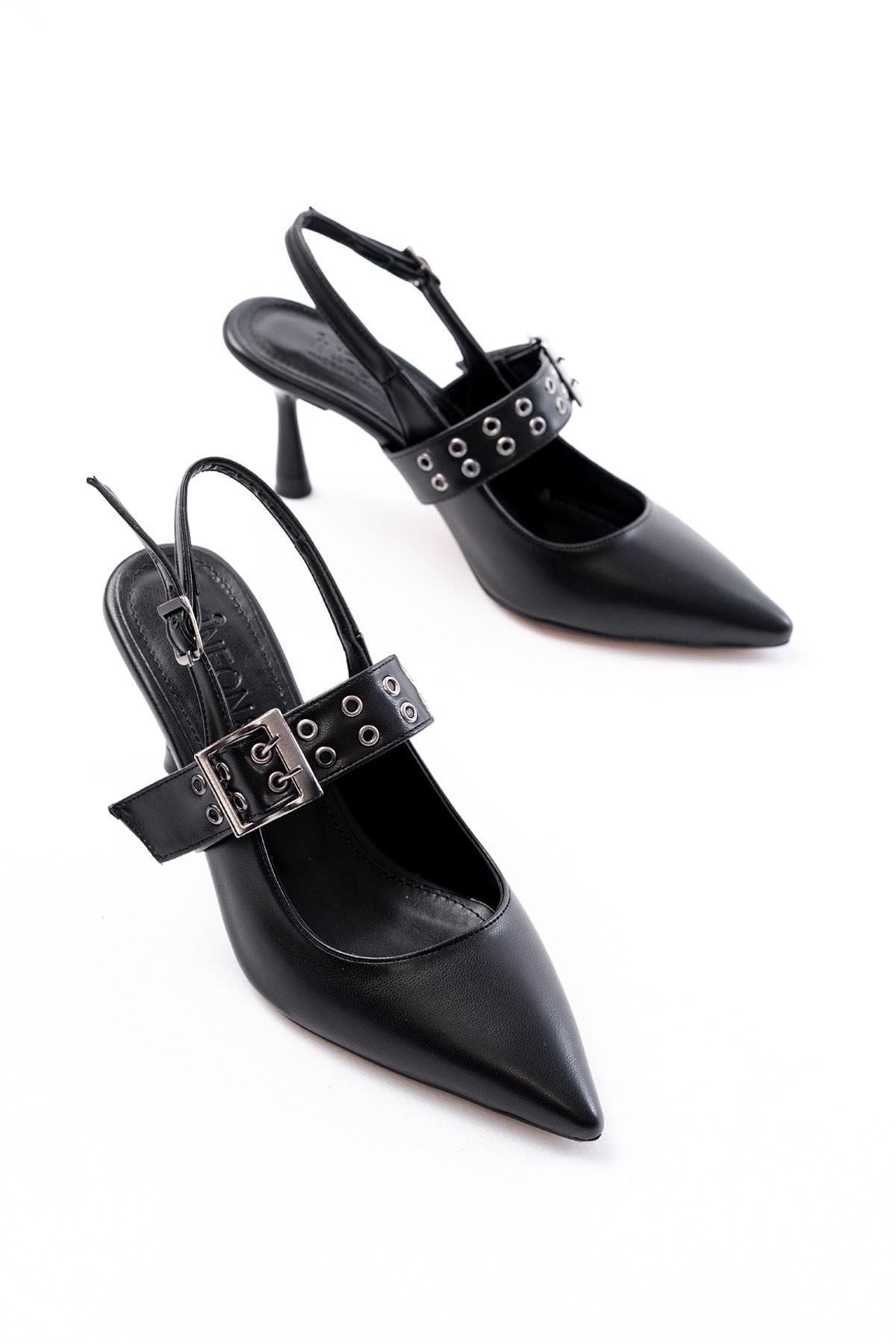 Ayakkabı Aşkı İNF-26 Siyah Günlük Arkası Açık Baret Tokalı Topuklu Bayan Ayakkabı
