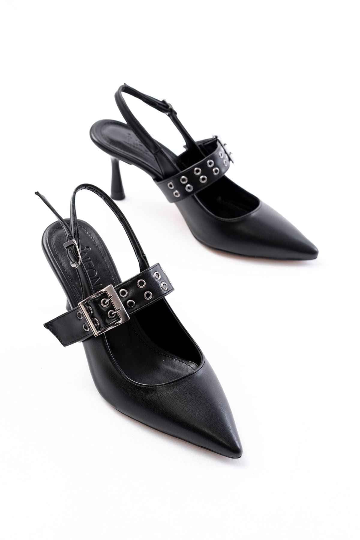 Ayakkabı Aşkı Inf-260 Siyah Günlük Arkası Açık Baret Tokalı Topuklu Bayan Ayakkabı