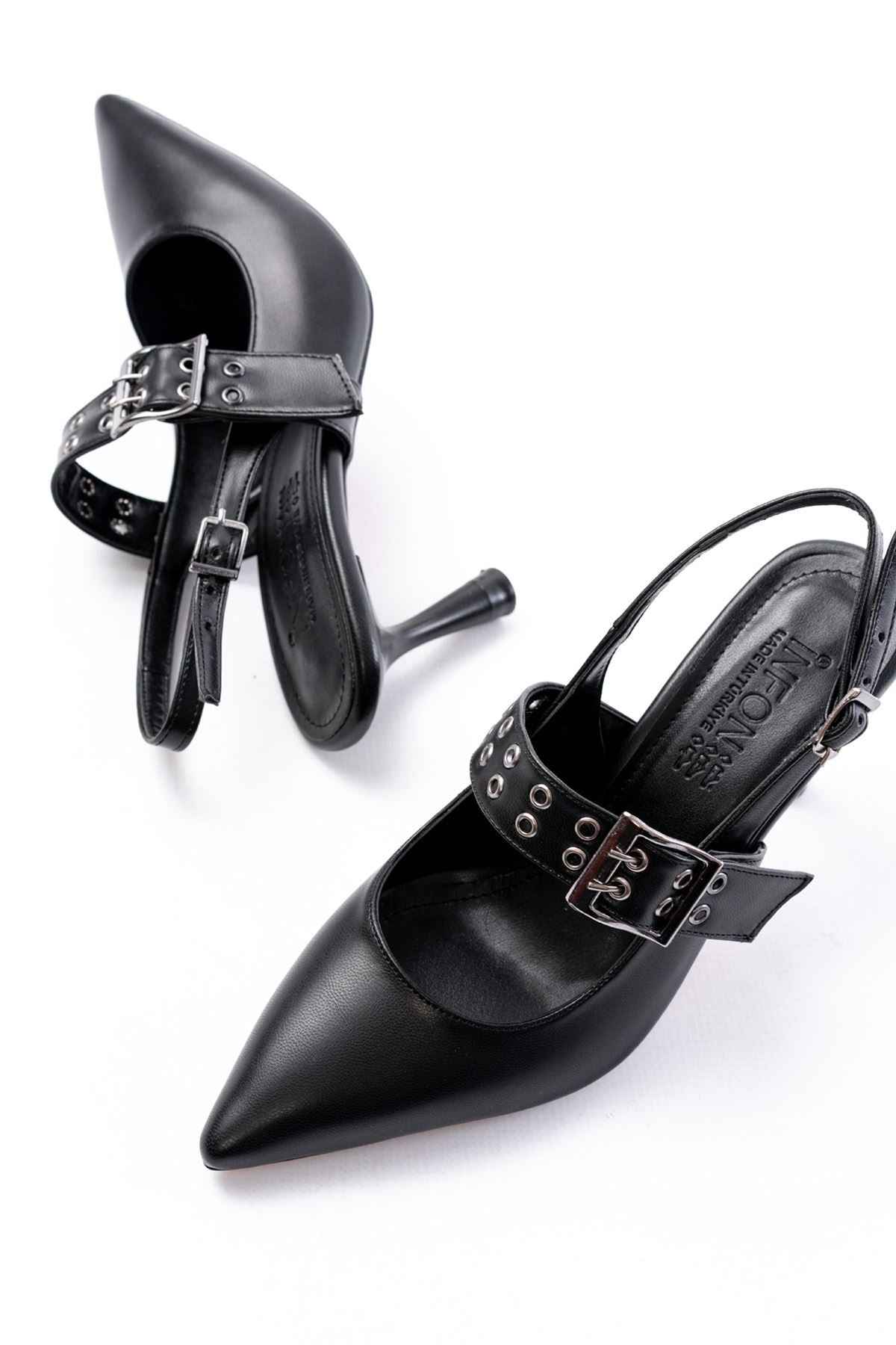 Ayakkabı Aşkı Inf-260 Siyah Günlük Arkası Açık Baret Tokalı Topuklu Bayan Ayakkabı