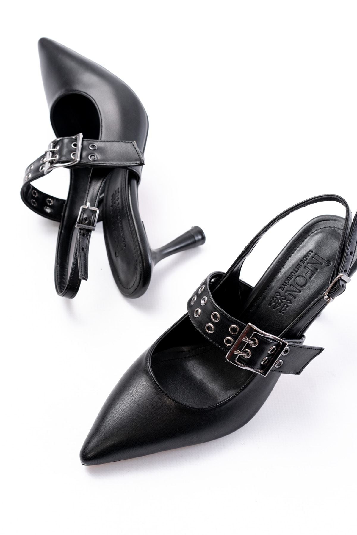 Ayakkabı Aşkı İNF-26 Siyah Günlük Arkası Açık Baret Tokalı Topuklu Bayan Ayakkabı - Ayakkabı Aşkı