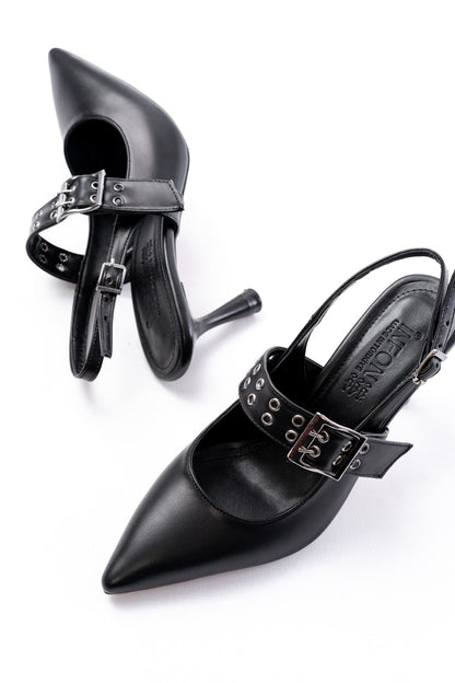 Ayakkabı Aşkı İNF-26 Siyah Günlük Arkası Açık Baret Tokalı Topuklu Bayan Ayakkabı