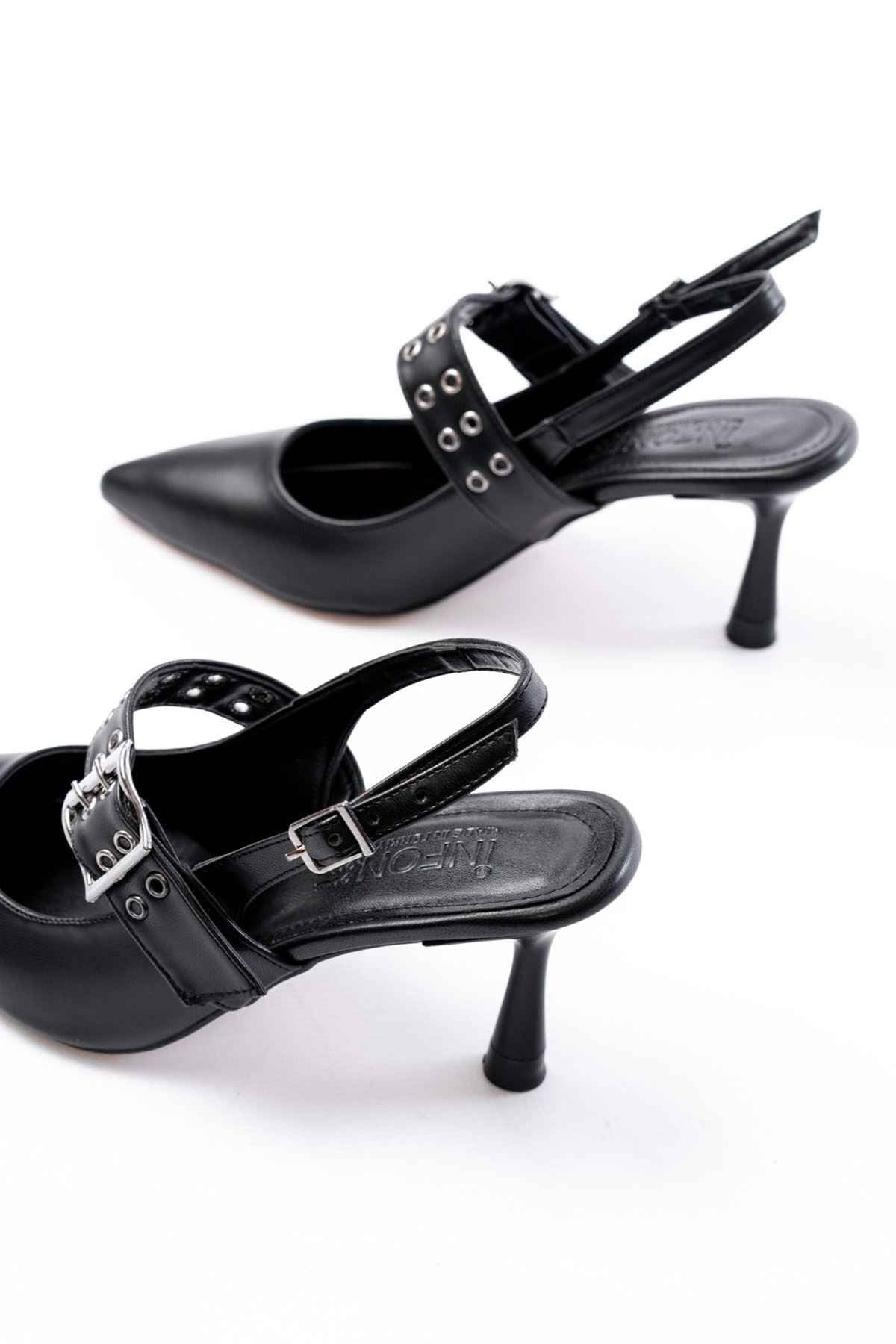 Ayakkabı Aşkı Inf-260 Siyah Günlük Arkası Açık Baret Tokalı Topuklu Bayan Ayakkabı