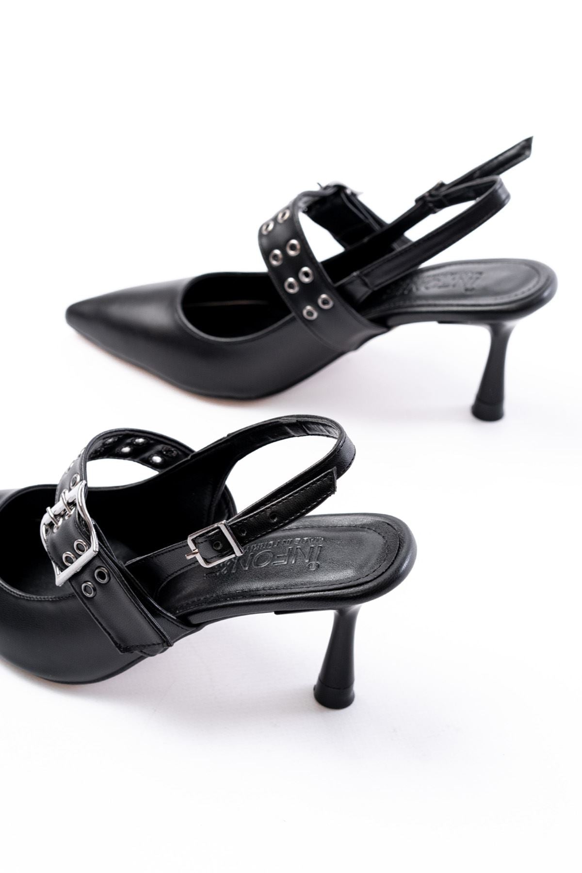 Ayakkabı Aşkı İNF-26 Siyah Günlük Arkası Açık Baret Tokalı Topuklu Bayan Ayakkabı - Ayakkabı Aşkı