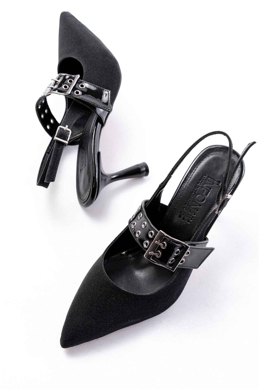 Ayakkabı Aşkı Inf-260 Siyah Simli Günlük Arkası Açık Baret Tokalı Topuklu Bayan Ayakkabı